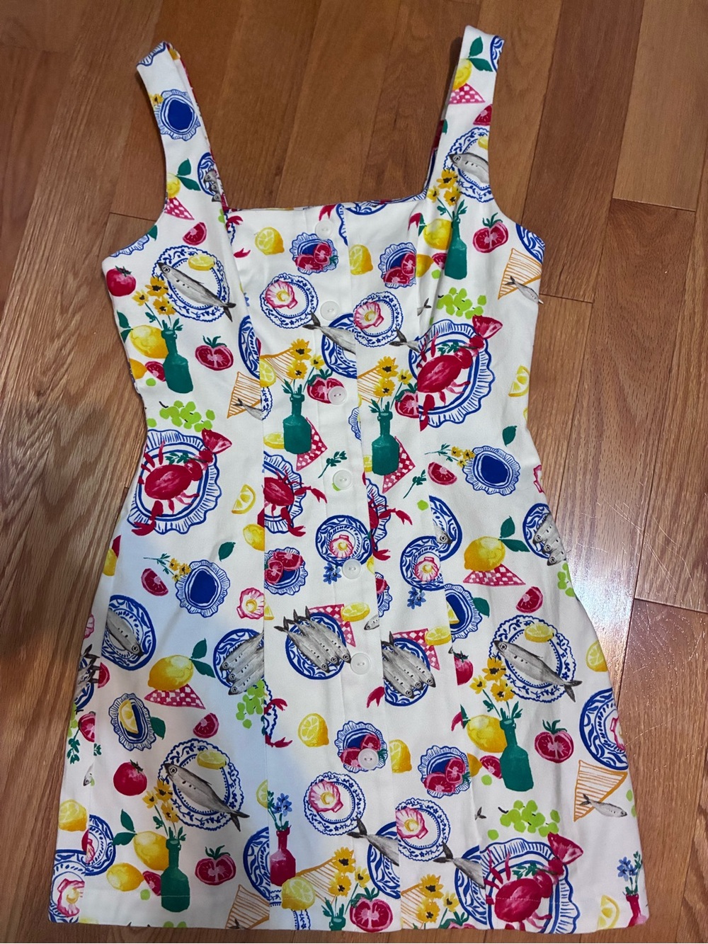 Corey Lynn Calter White Mini Dress with Red, Blue, Yellow & Green Print
